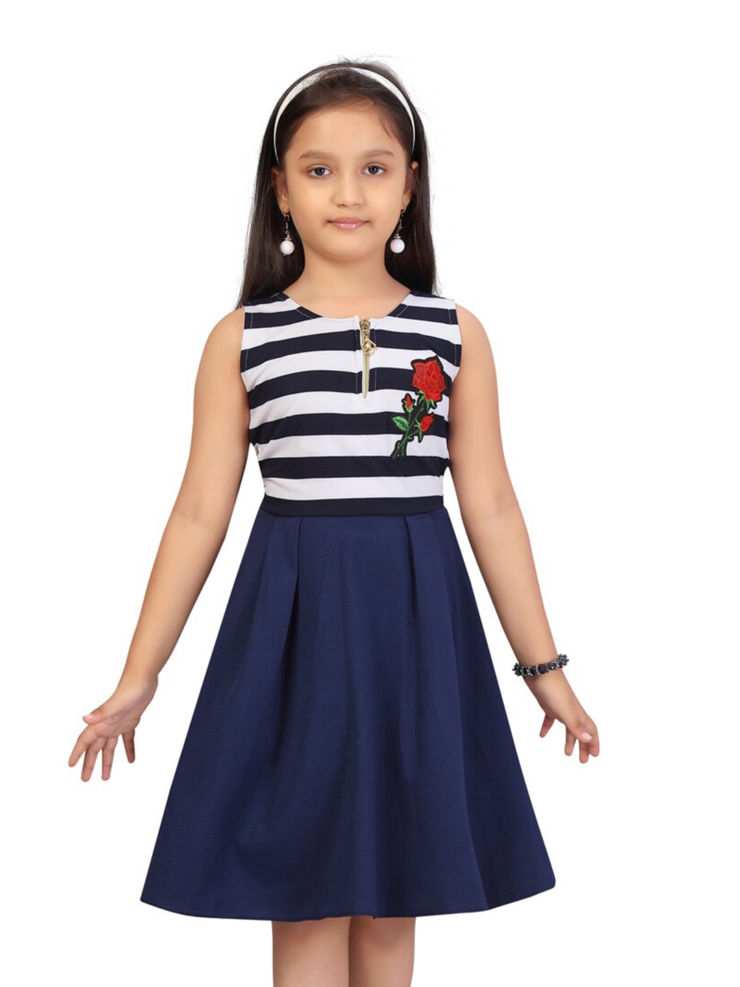 

Aarika Girls Striped Round Neck Pleated Fit & Flare Dress, Navy blue