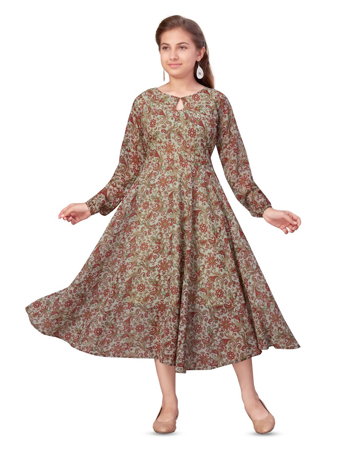 

Aarika Girls Paisley Printed Keyhole Neck Georgette Fit & Flare Midi Dress, Green