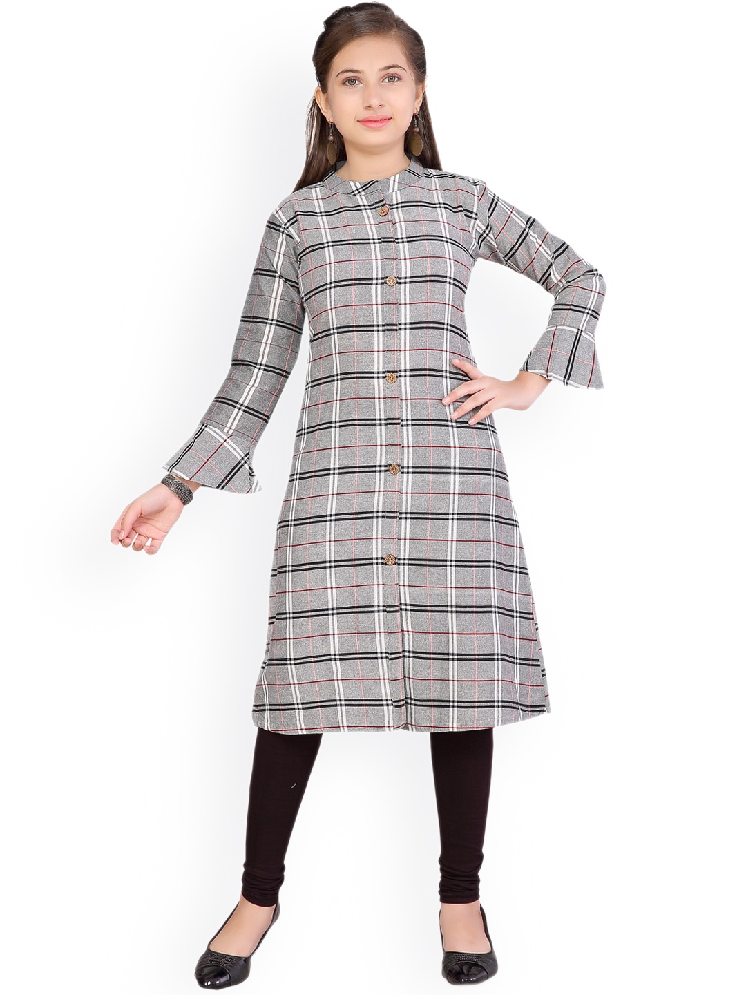 

Aarika Girls Checked Mandarin Collar Bell Sleeves A-Line Cotton Kurta, Grey