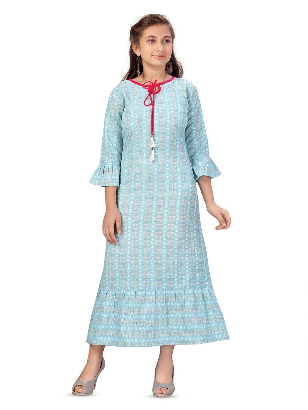 

Aarika Girls Self Design Tie-Up Neck Bell Sleeve Cotton A-Line Midi Dress, Turquoise blue