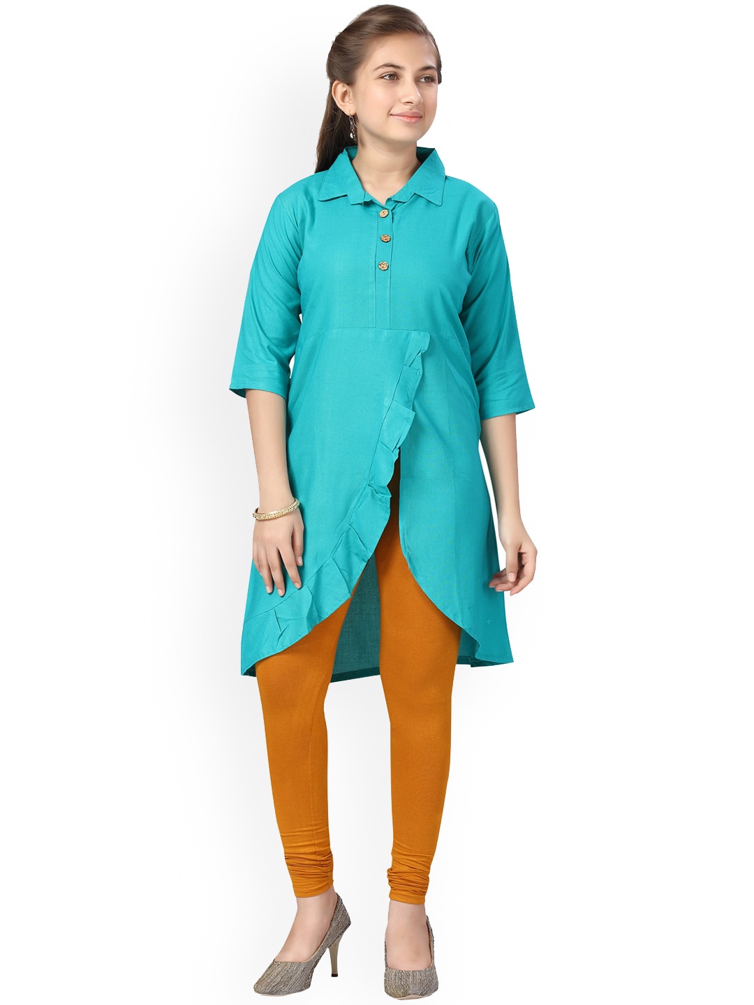 

Aarika Girls Shirt Collar A-Line Kurta, Turquoise blue