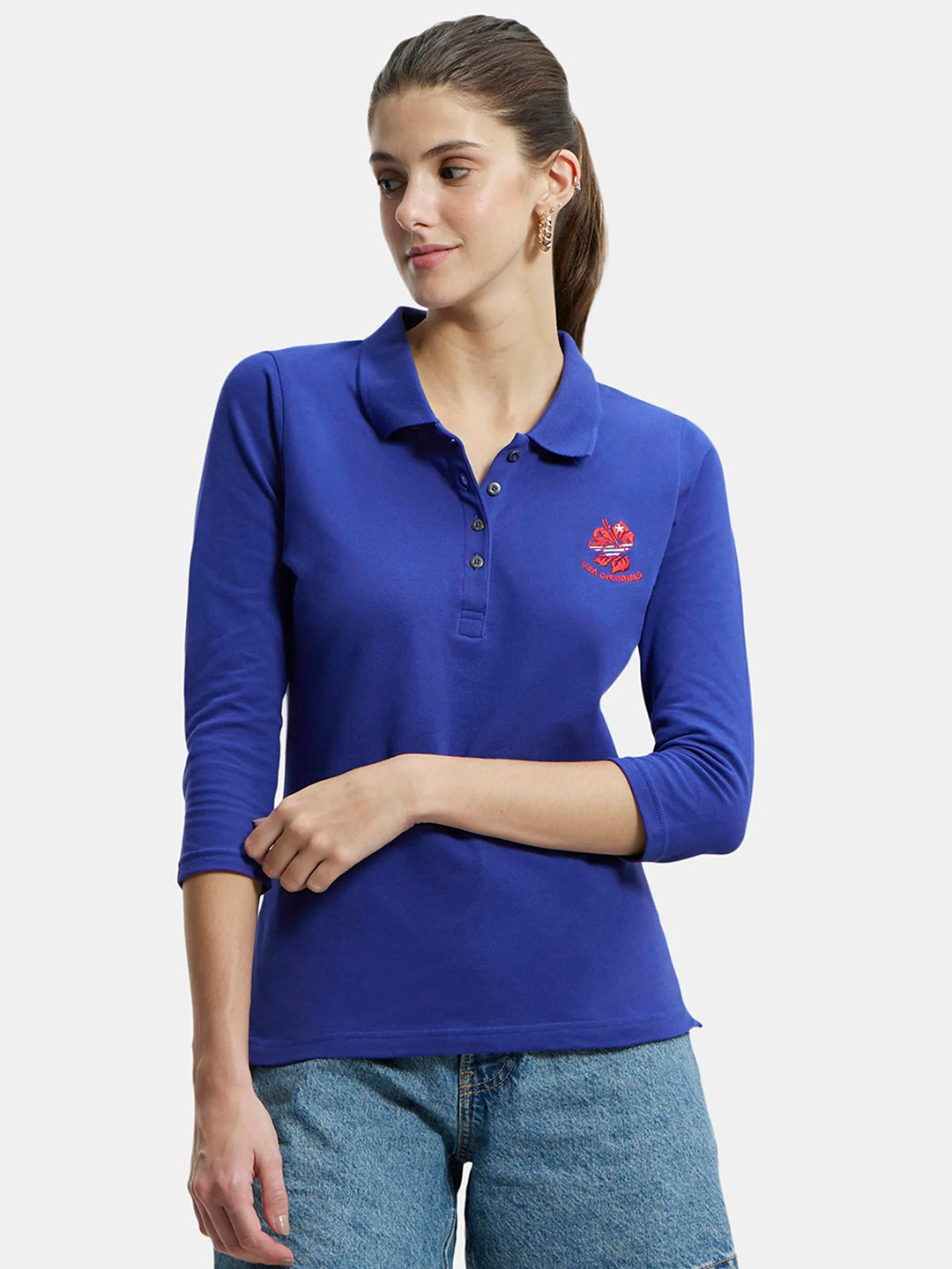 

Jockey Regular Fit Solid Three Quarter Sleeve Polo T-Shirt, Blue