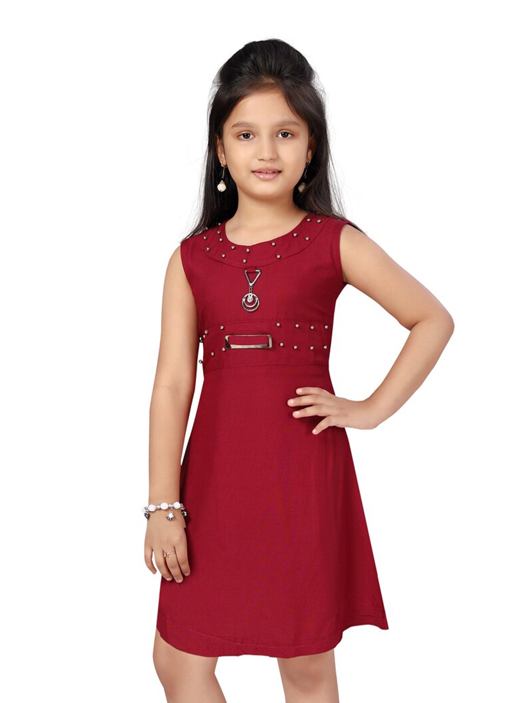 

Aarika Sleeveless Embellished Cotton A-Line Knee Length Dress, Maroon