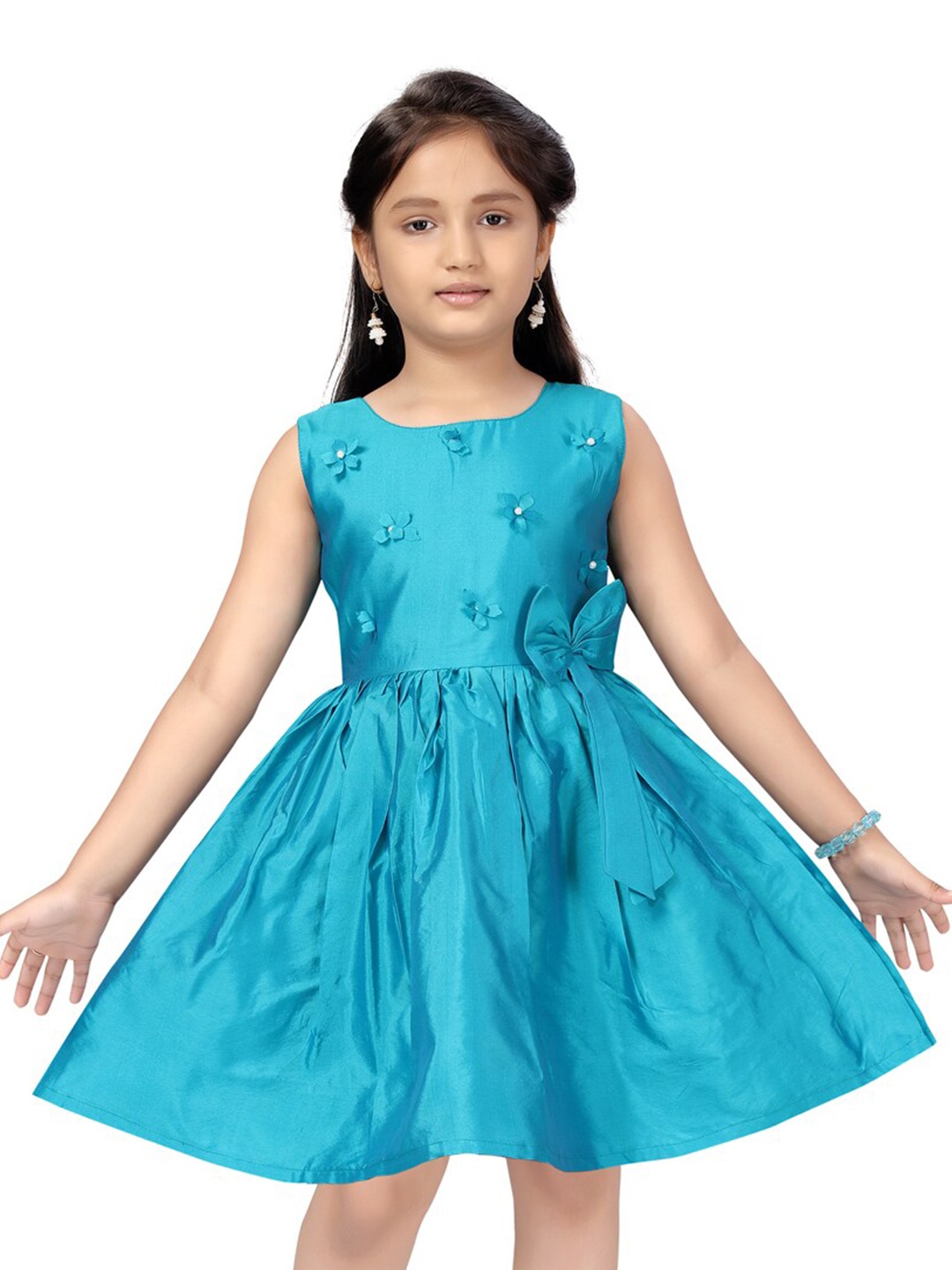 

Aarika Girls Floral Embellished Bow Detailed Silk Fit & Flare Dress, Turquoise blue