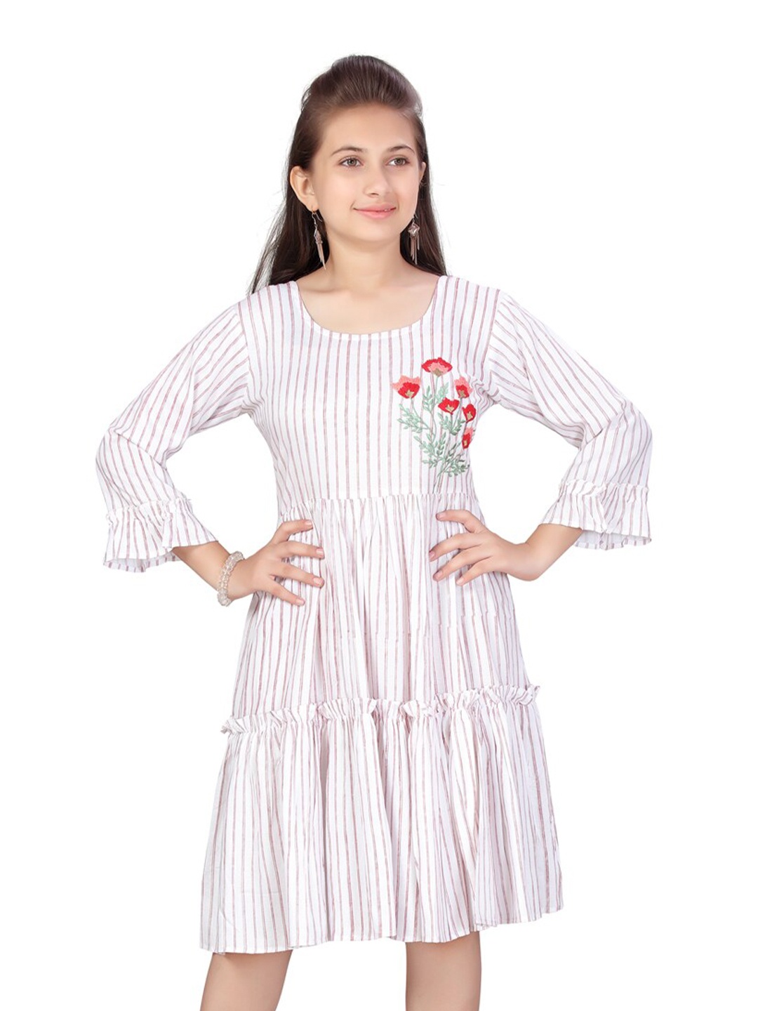 

Aarika Girls Striped Cotton Cotton Fit & Flare Knee Length Dress, White