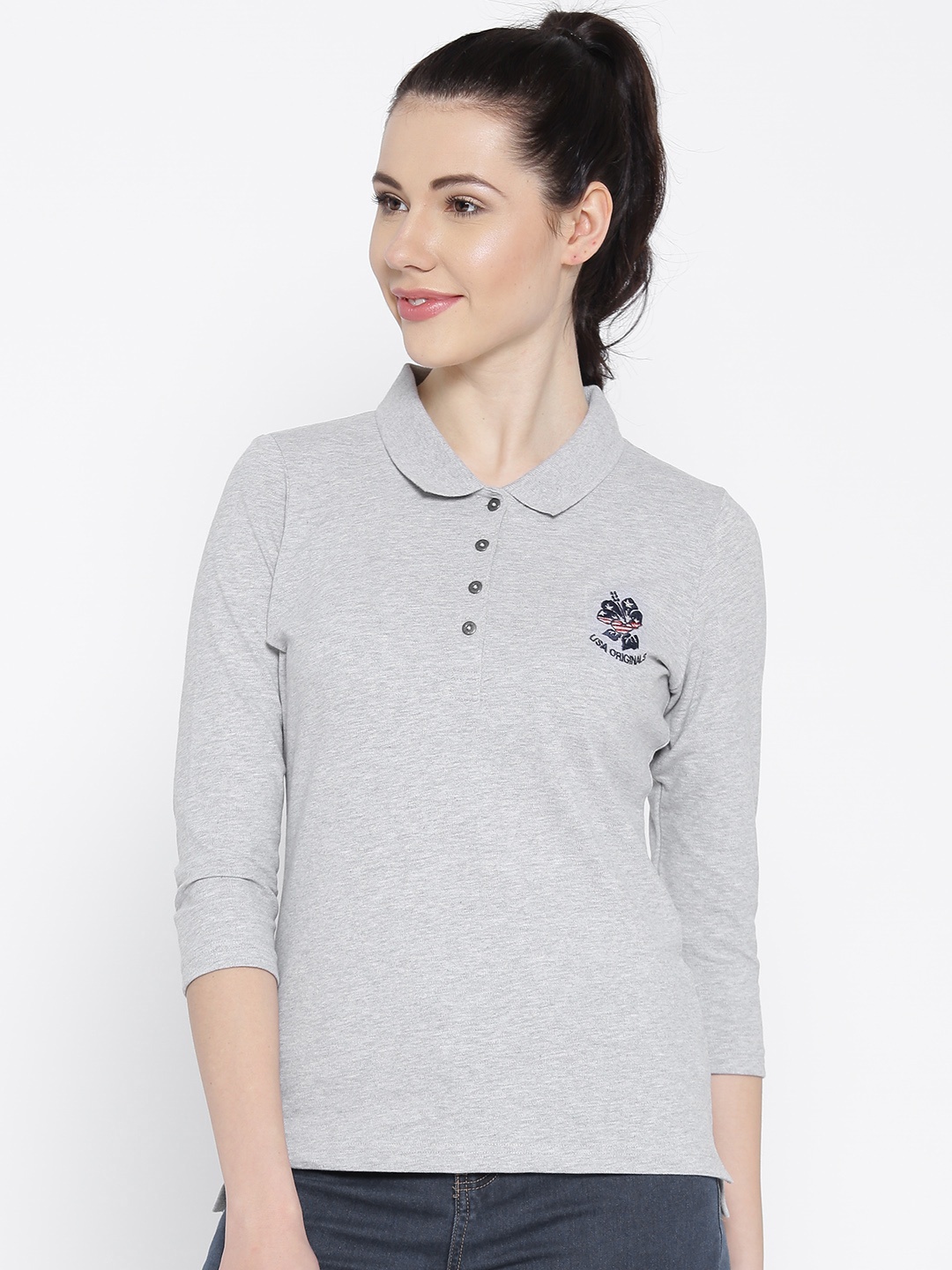 

Jockey Women Grey Melange Solid Polo Collar T-shirt
