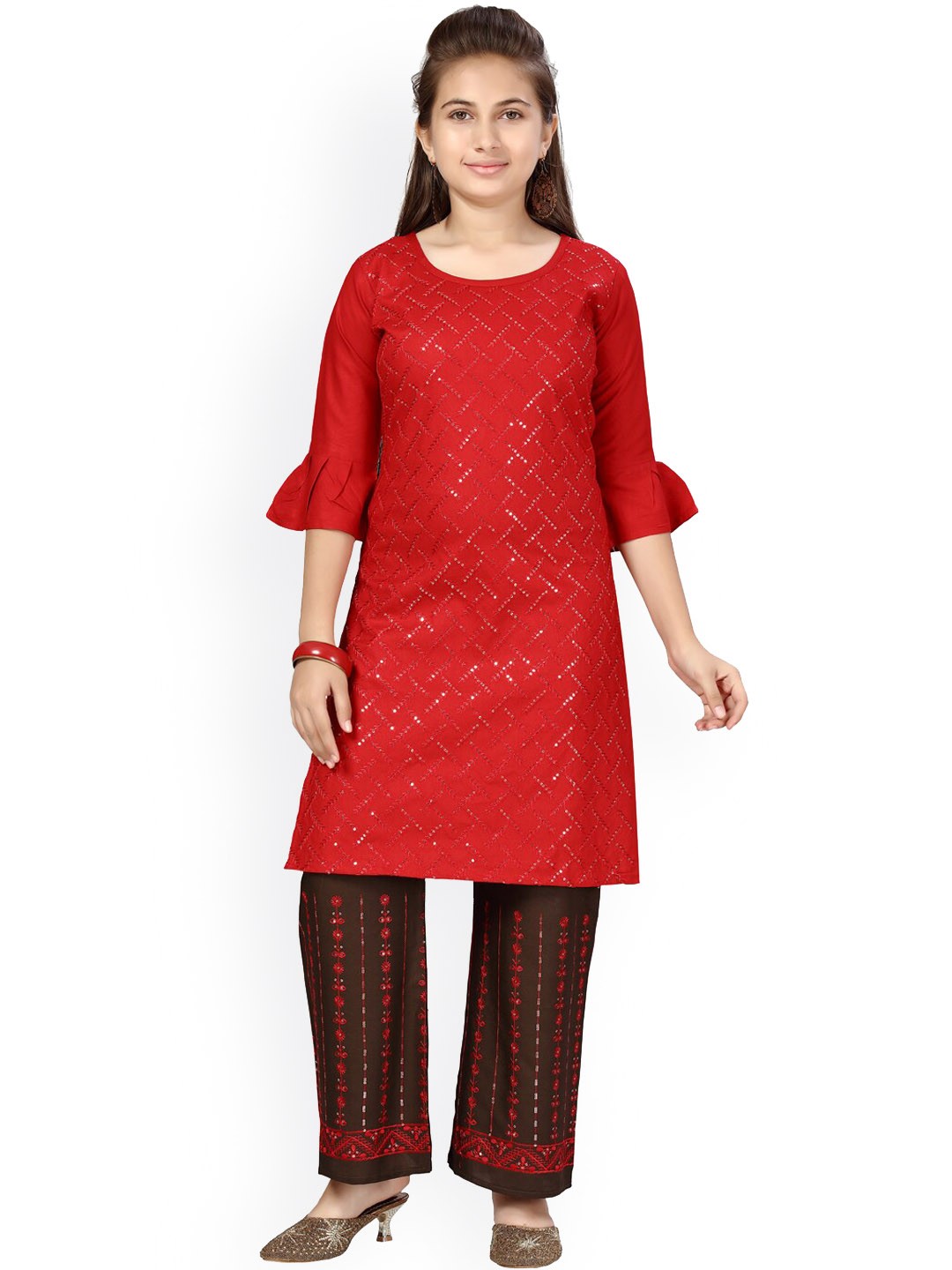 

Aarika Geometric Embroidered Pure Cotton Kurta With Palazzo, Red