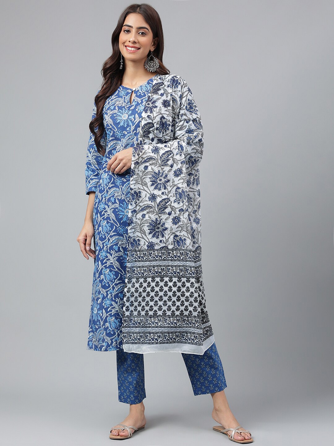

misbis Floral Printed Regular Pure Cotton Kurta With Trousers & Dupatta, Blue