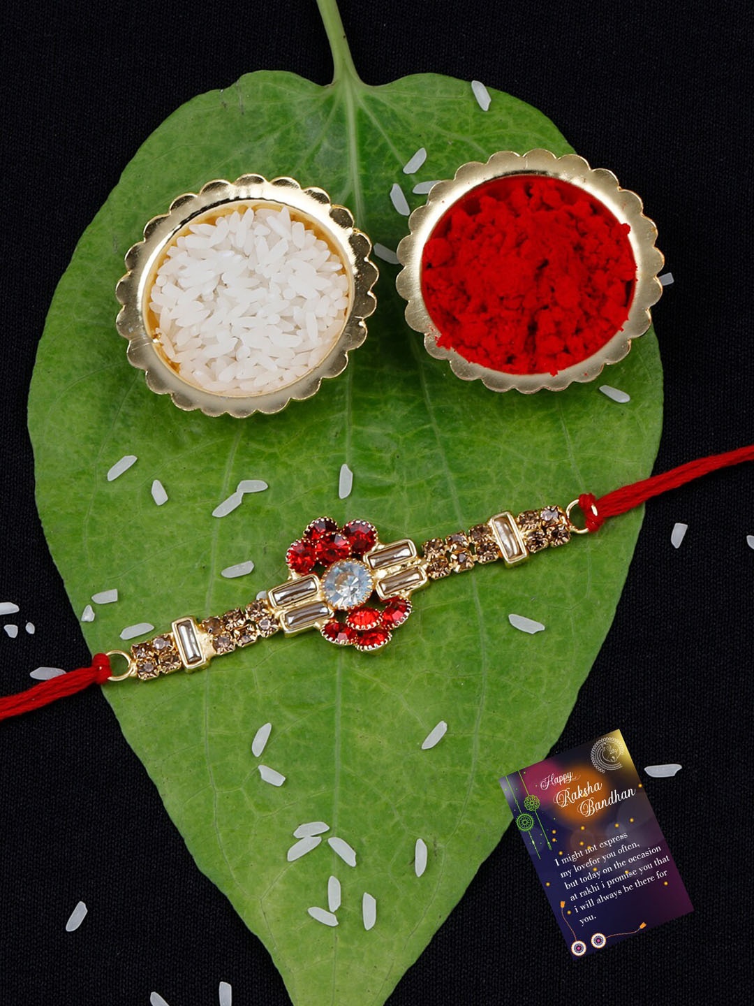 

Silver Shine Unisex Pack of 2 Rakhis With Roli Chawal & Greeting Card, Red