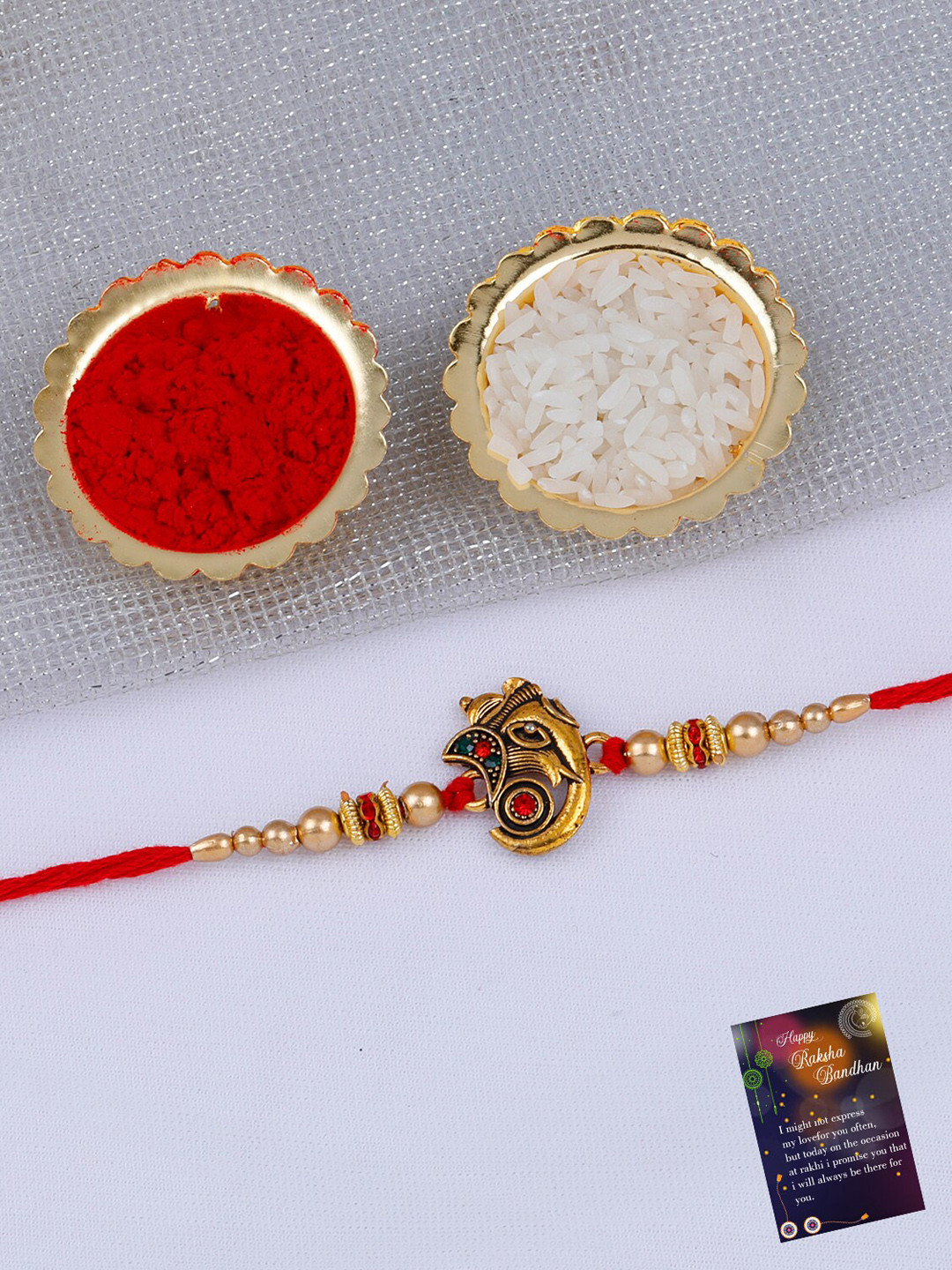 

Silver Shine Set of 2 Bhaiya Bhabhi Rakhi With Roli Chawal & Thali, Red