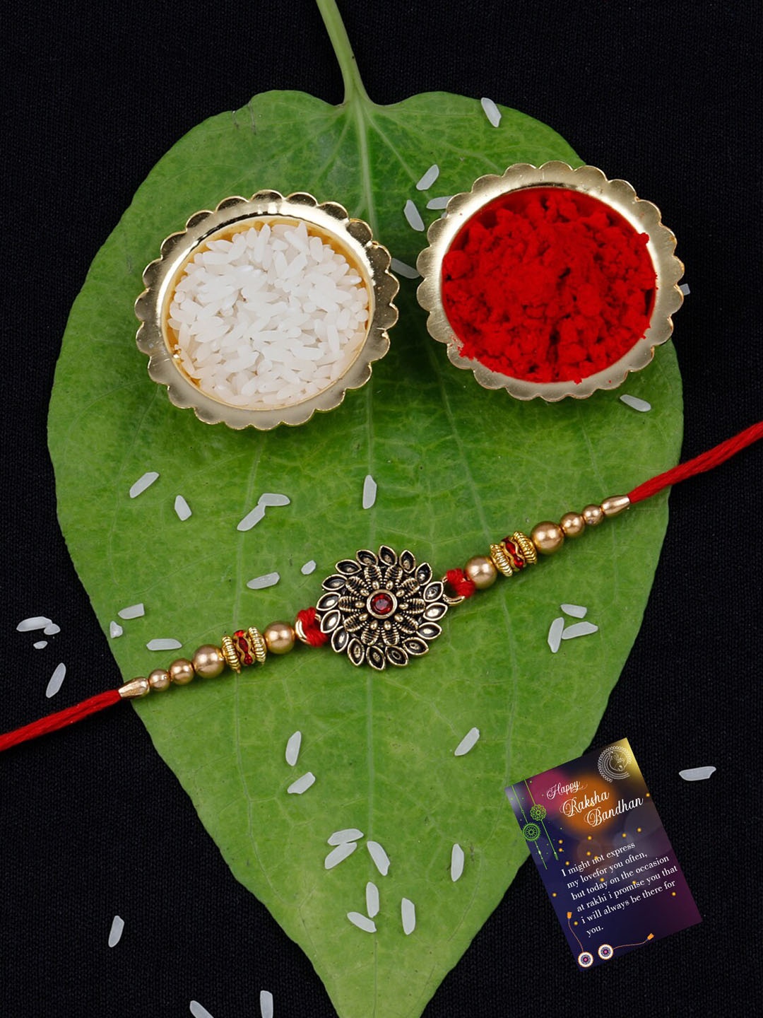 

Silver Shine Unisex Pack of 3 Rakhis With Roli Chawal and Greeting Card, Red