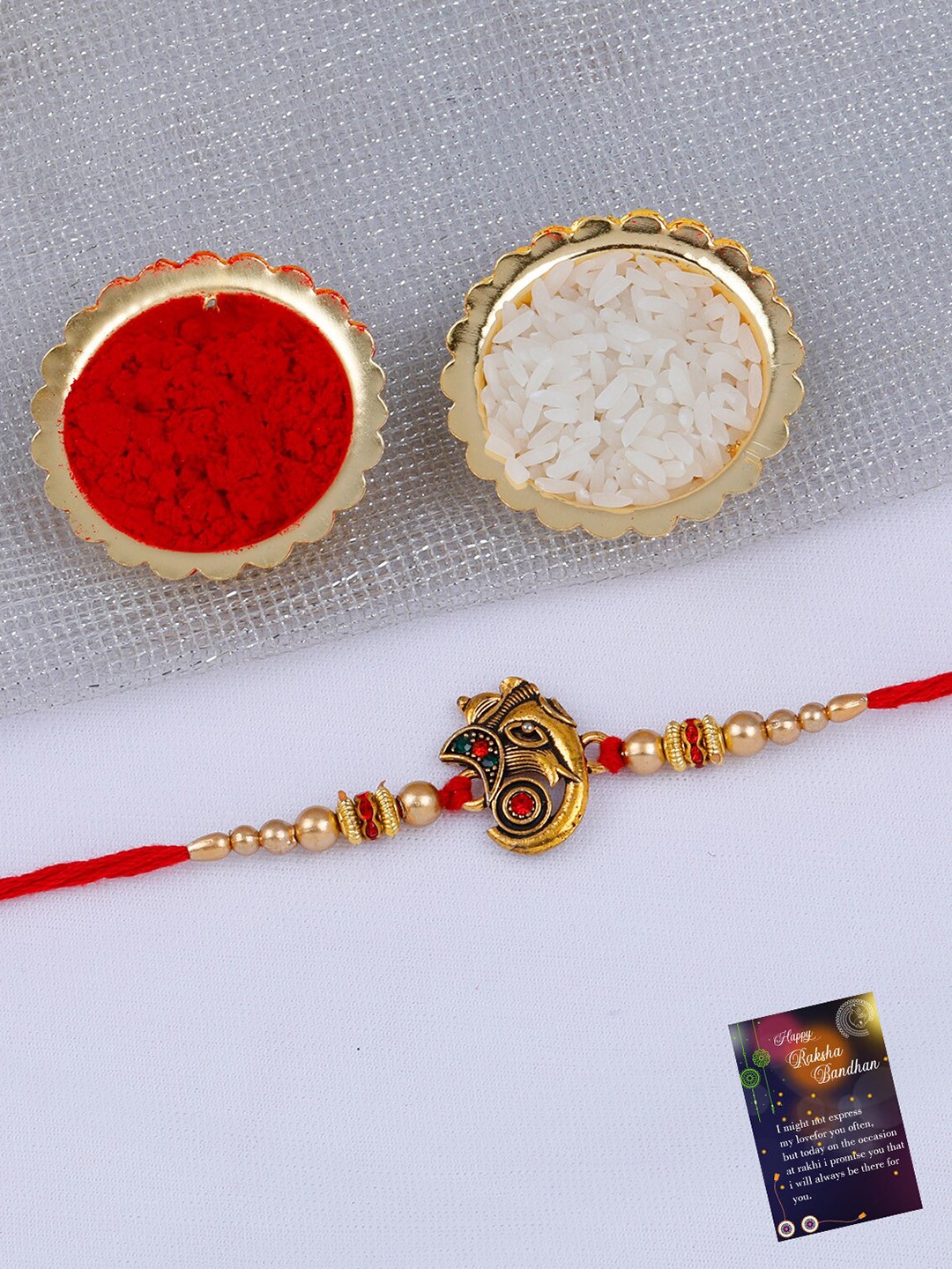 

Silver Shine Unisex Pack of 2 Rakhis With Roli Chawal and Greeting Card, Red