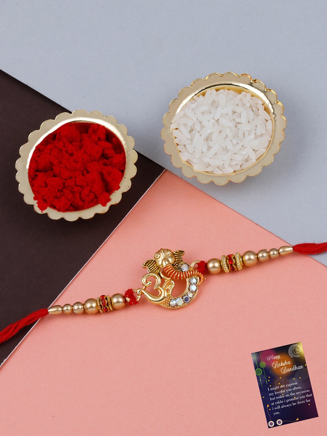 

Silver Shine Unisex Set of 2 Rakhi For Bhabhi Bhaiya With Pooja Thali Set, Red