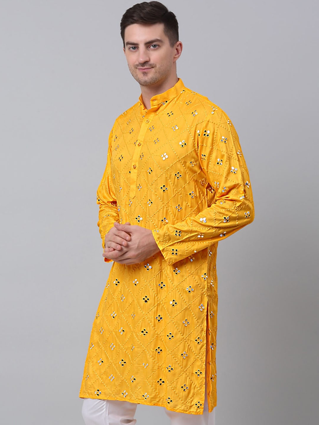 

Jompers Geometric Embroidered Mandarin Collar Mirror Work Pure Cotton Kurta, Mustard