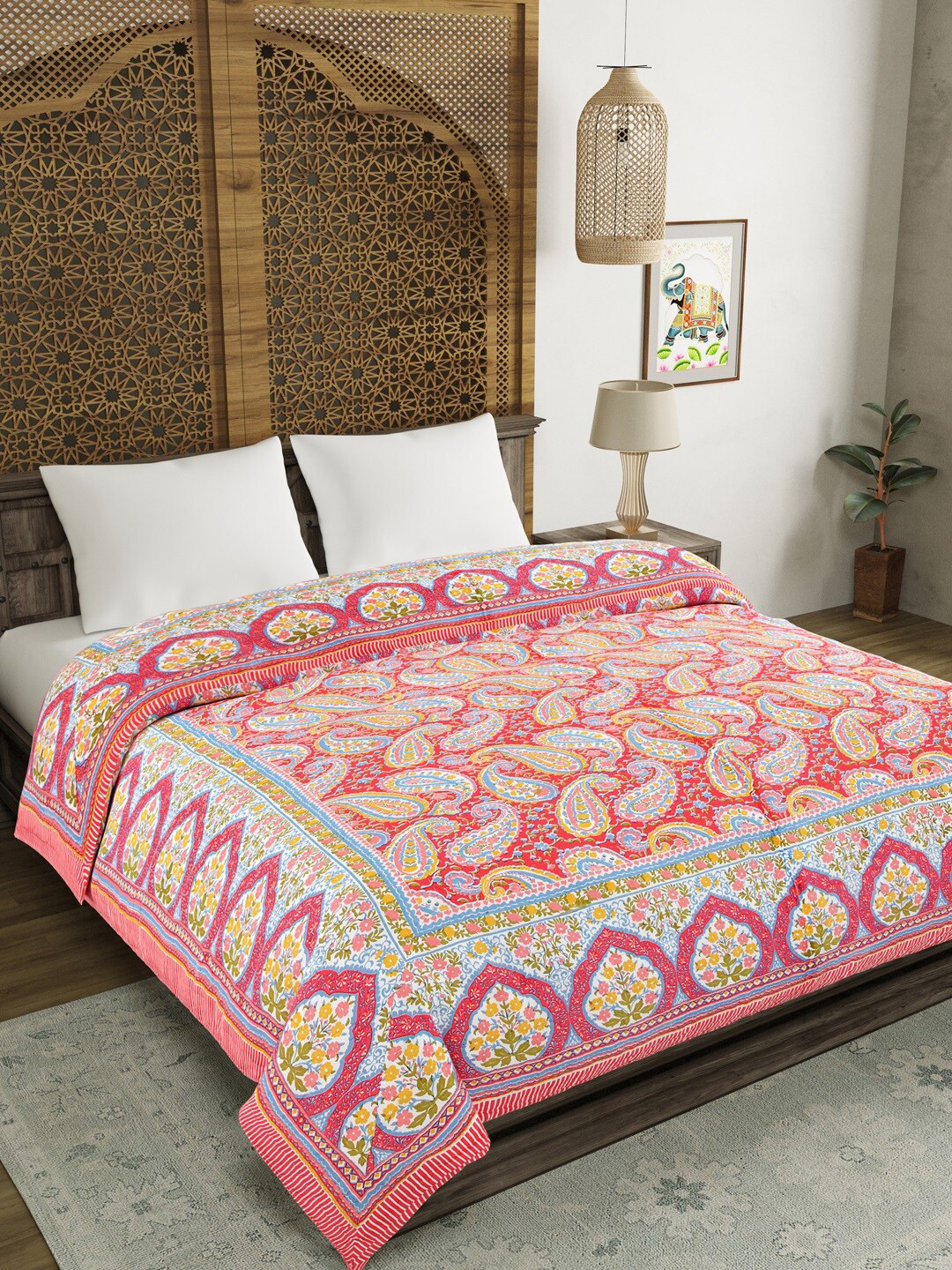

BLOCKS OF INDIA Red & White Ethnic Motifs Pure Cotton Mild Winter 350 GSM Double Bed Quilt