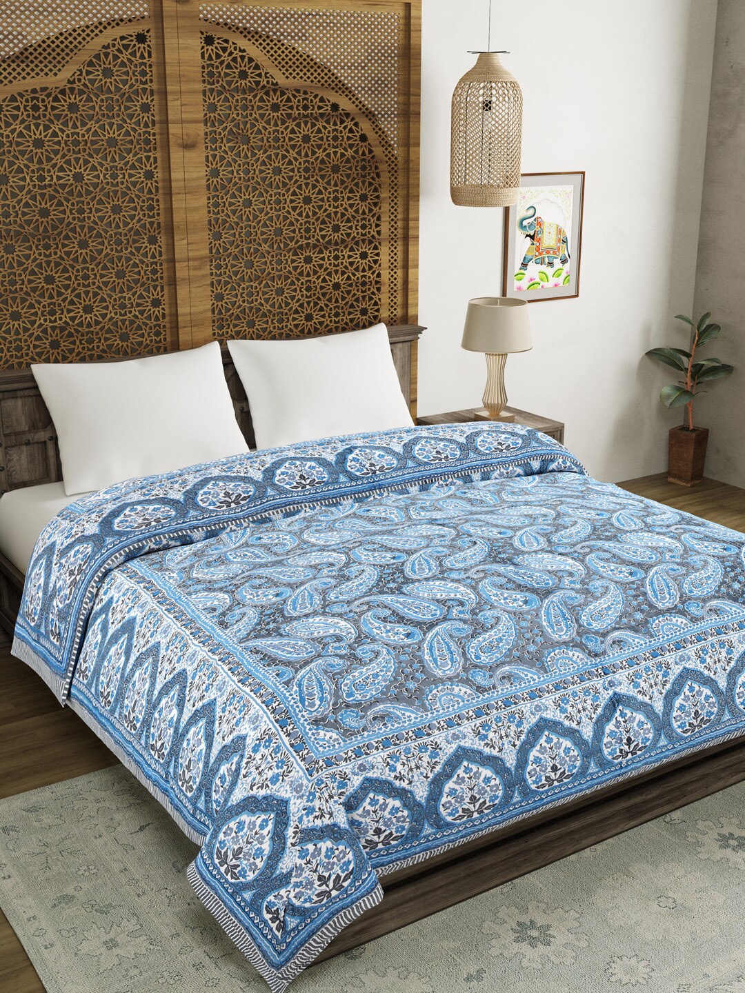 

BLOCKS OF INDIA Grey & Blue Paisley Mild Winter Pure Cotton 350 GSM Double Bed Quilt