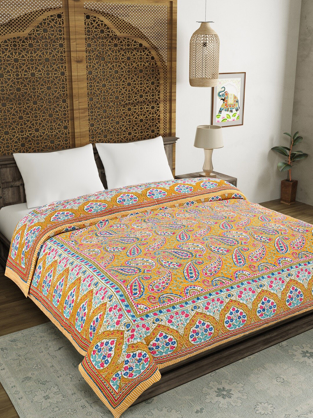 

BLOCKS OF INDIA Yellow Ethnic Motifs Pure Cotton Mild Winter 350 GSM Double Bed Quilt