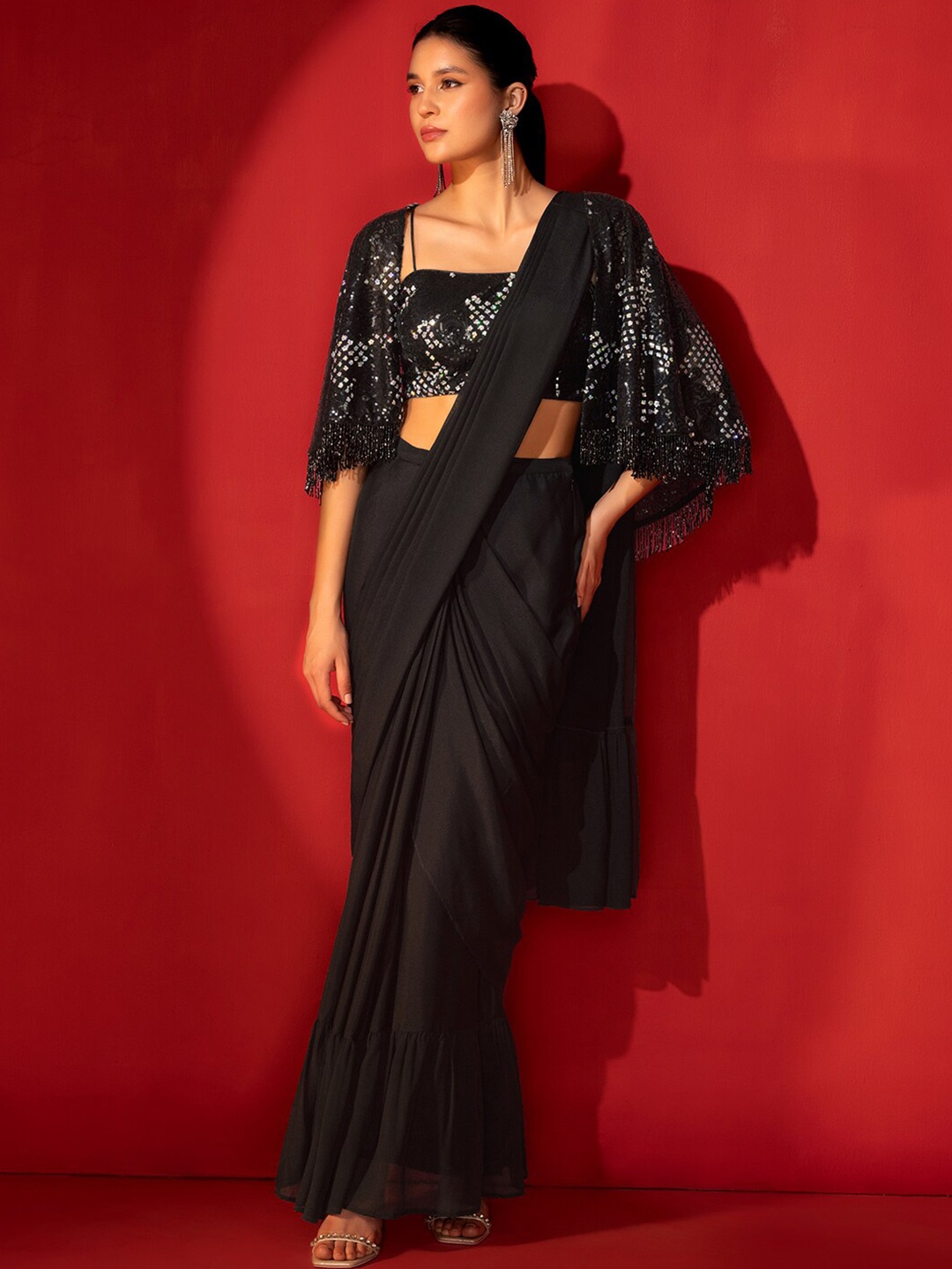 

Indya Luxe Ready to Wear Saree With Sequinned Blouse And Cape, Black