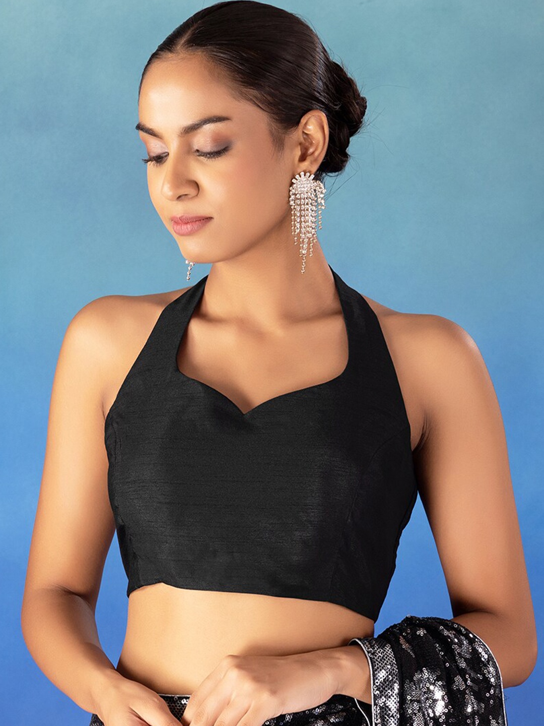 

Indya Luxe Halter Neck Sleeveless Saree Blouse, Black