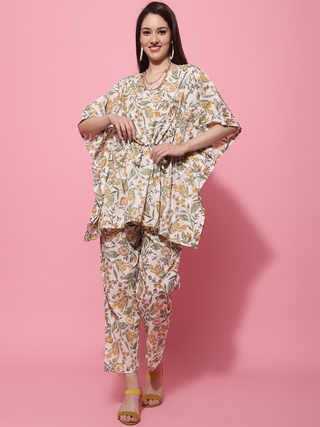 

TAG 7 Floral Printed Cotton Kaftan & Trousers Co-Ords Set, Green