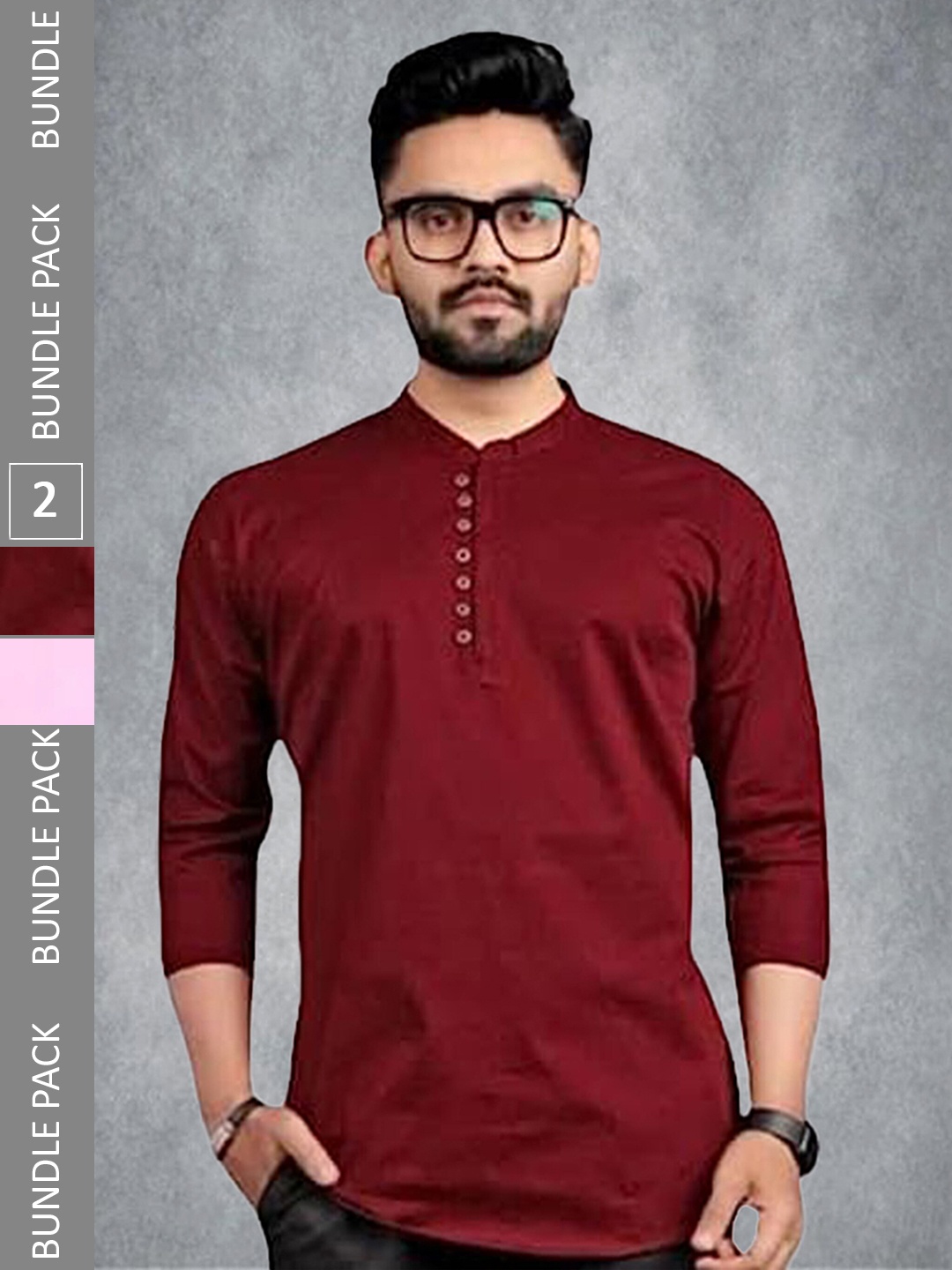 

N N ENTERPRISE Pack Of 2 Mandarin Collar Roll Up Sleeves Cotton Casual Shirt, Maroon