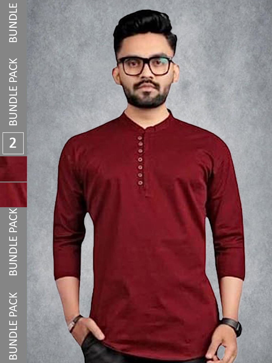 

N N ENTERPRISE Pack Of 2 Mandarin Collar Roll Up Sleeves Cotton Casual Shirt, Maroon
