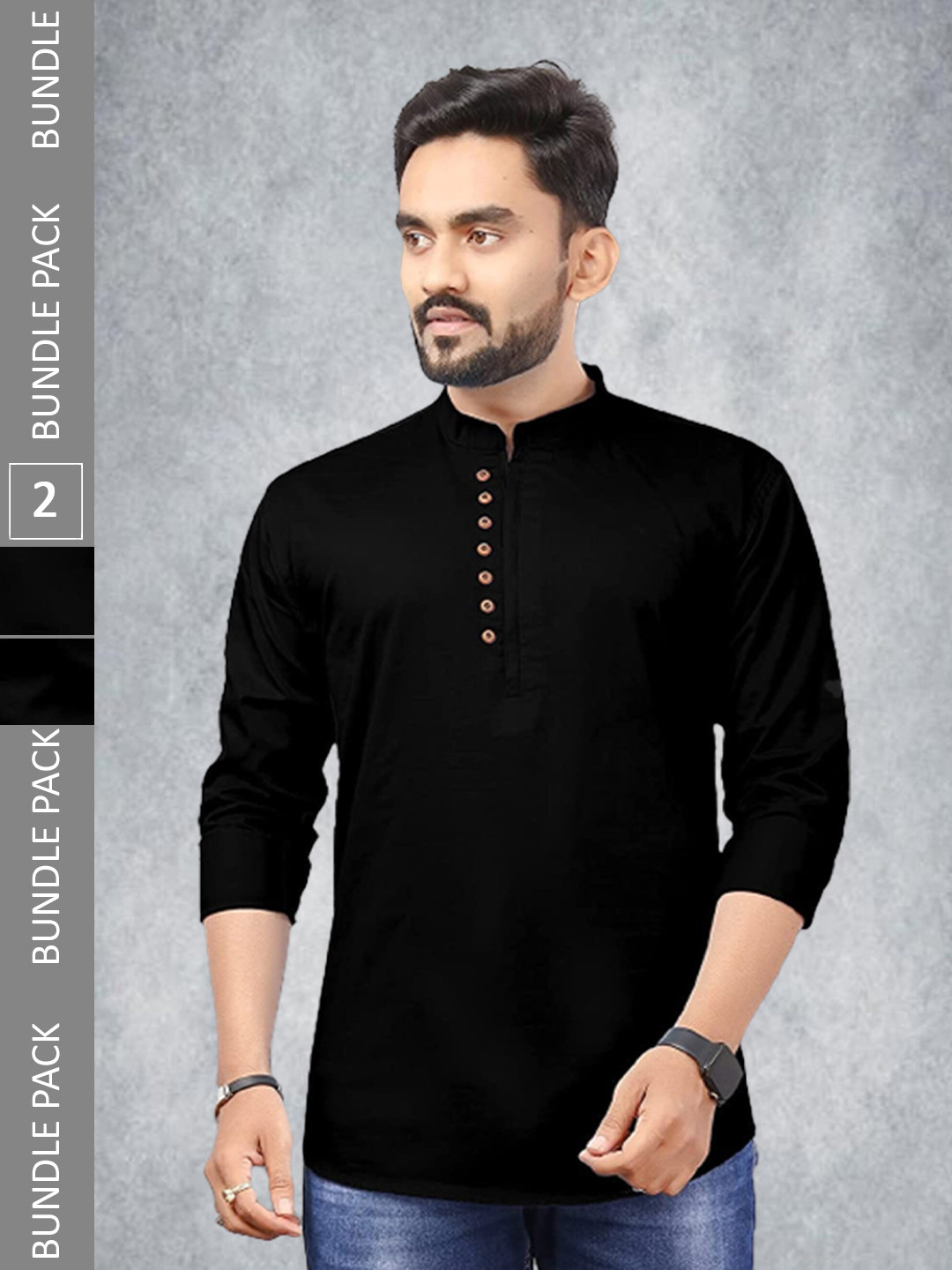 

N N ENTERPRISE Pack Of 2 Mandarin Collar Roll Up Sleeves Cotton Casual Shirt, Black