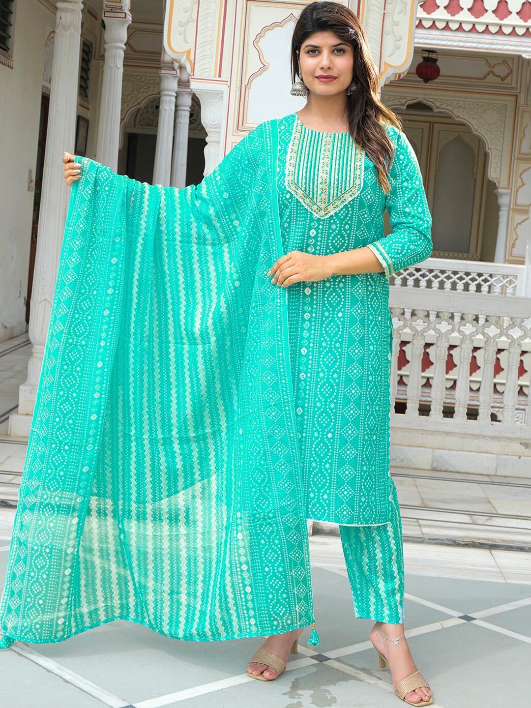 

IkDaiya Round Neck Bandhani Thread Work Pure Cotton Kurta & Trousers With Dupatta, Turquoise blue