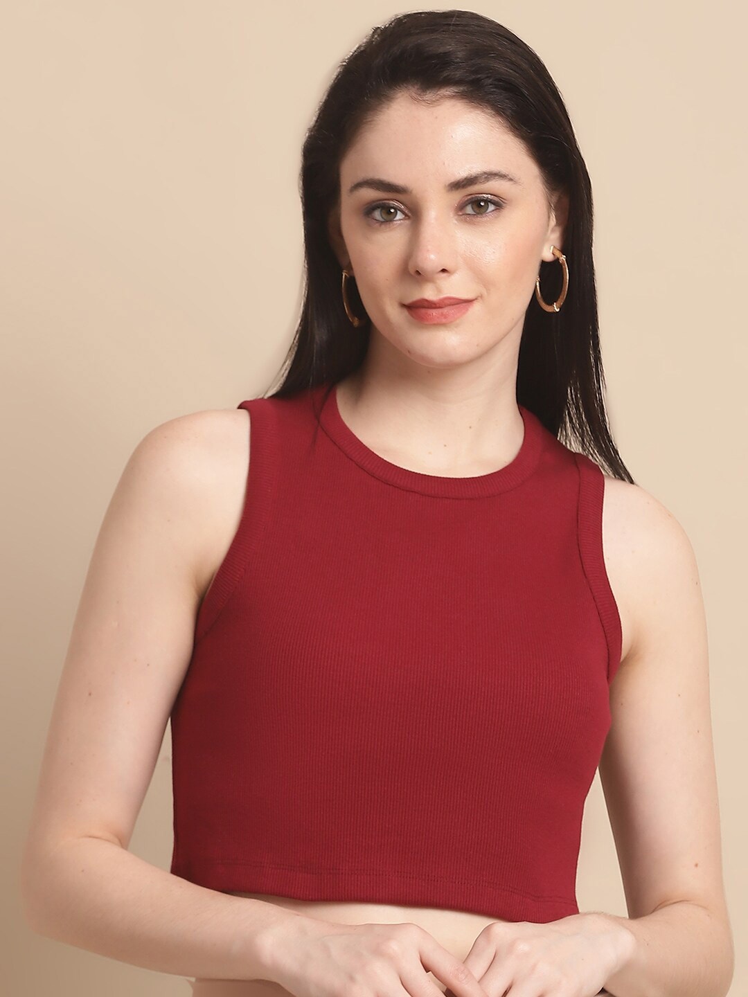 

Numalo Ribbed Sleeveless Cotton Crop Top, Maroon