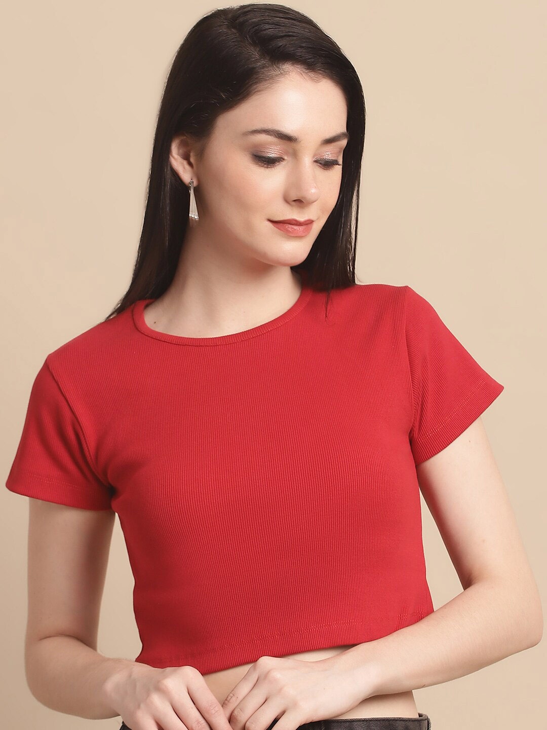 

Numalo Round Neck Cotton Crop Top, Red