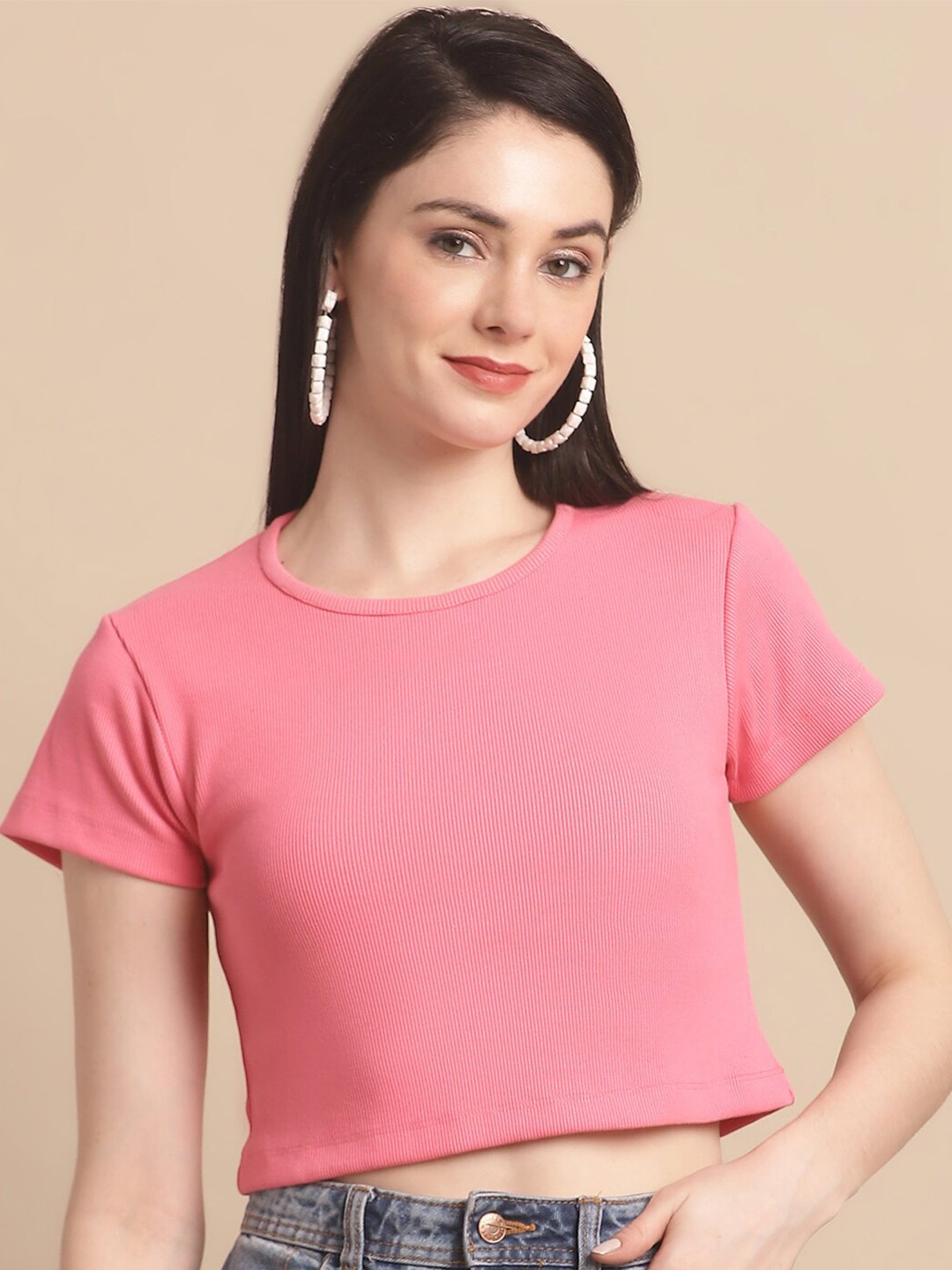 

Numalo Round Neck Cotton Crop Top, Pink