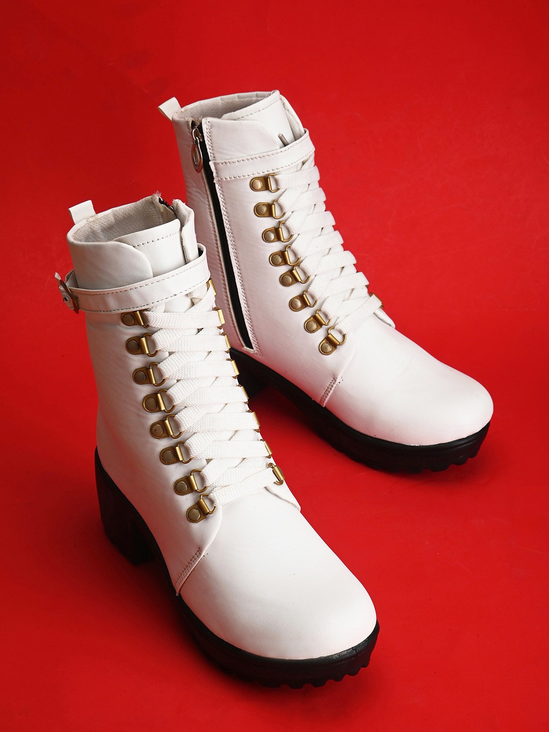 

Longwalk Women Mid Top Platform Heel Regular Boots With Buckle Detail, White