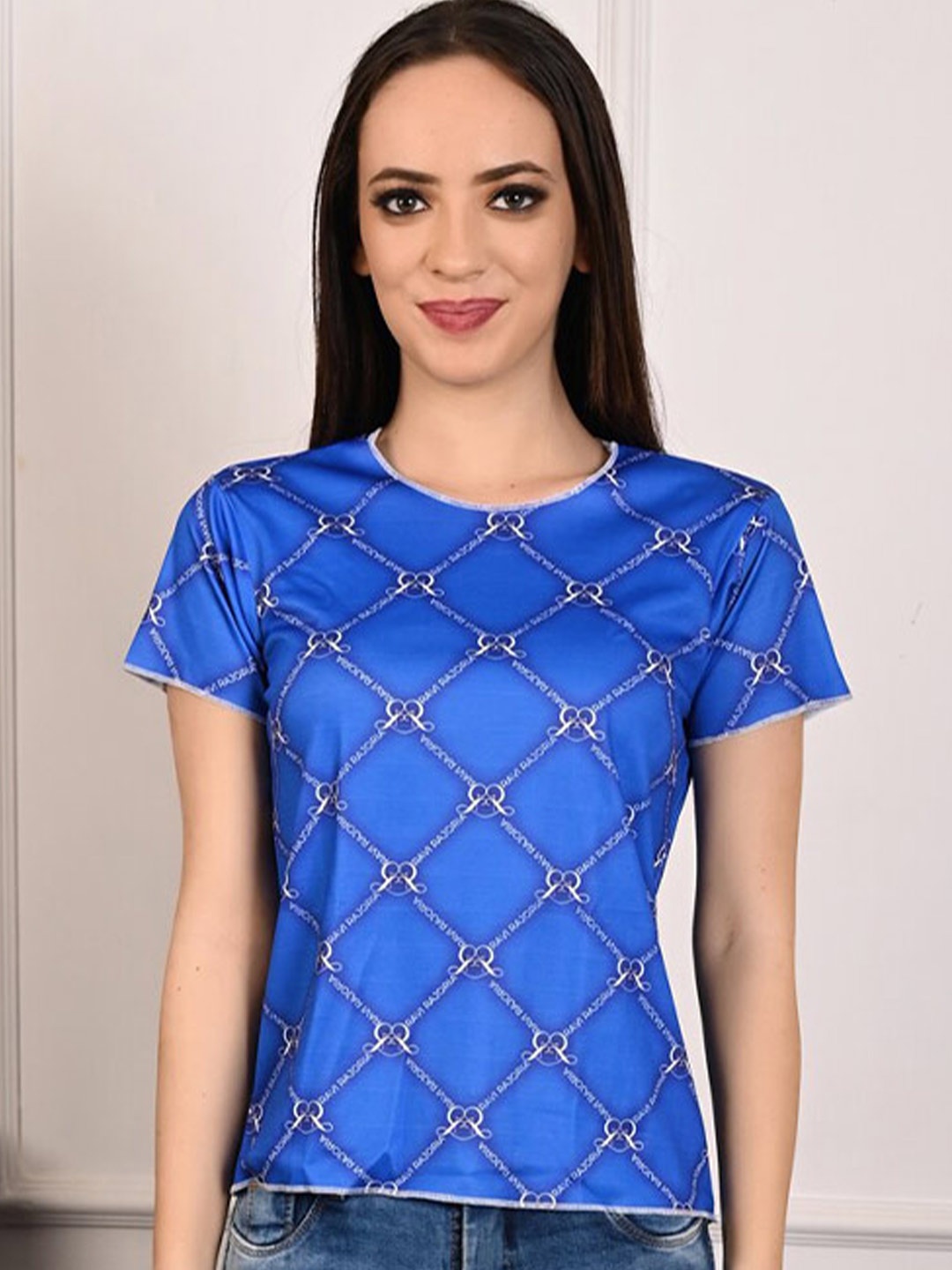 

Rajoria Instyle Round Neck Geometric Printed Loose Crop T-shirt, Blue