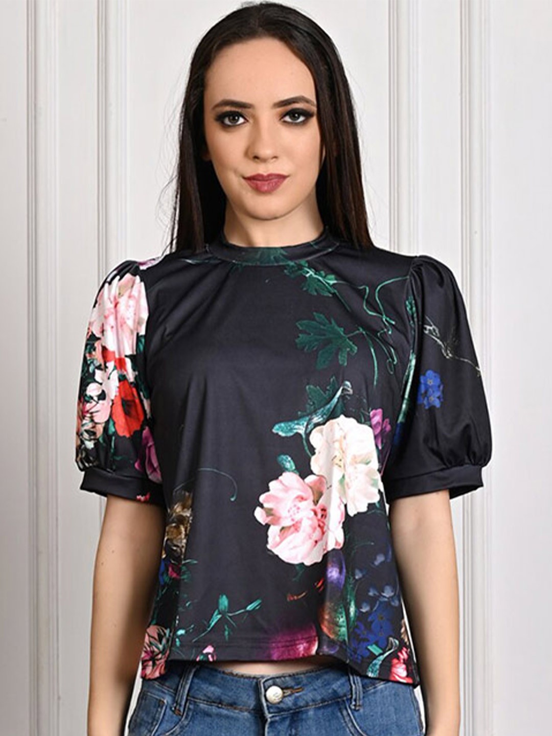 

Rajoria Instyle Floral Printed Puff Sleeves Loose Top, Black