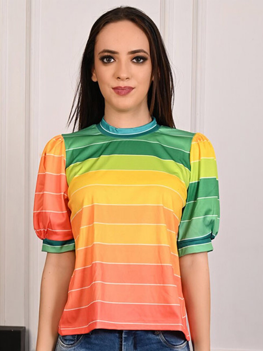 

Rajoria Instyle Vertical Striped Round Neck Top, Green