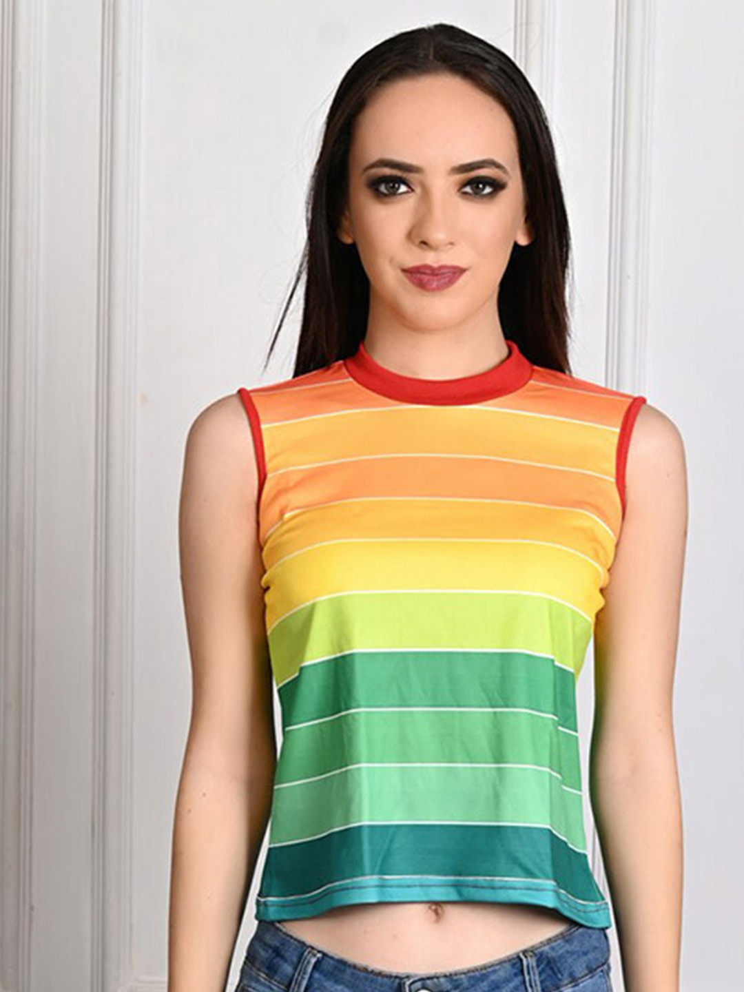 

Rajoria Instyle High Neck Striped Printed Loose Crop T-shirt, Red