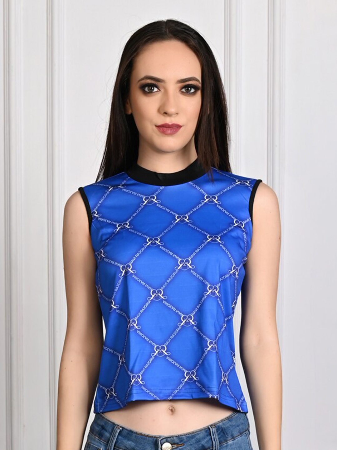 

Rajoria Instyle High Neck Geometric Printed Loose Crop T-shirt, Blue