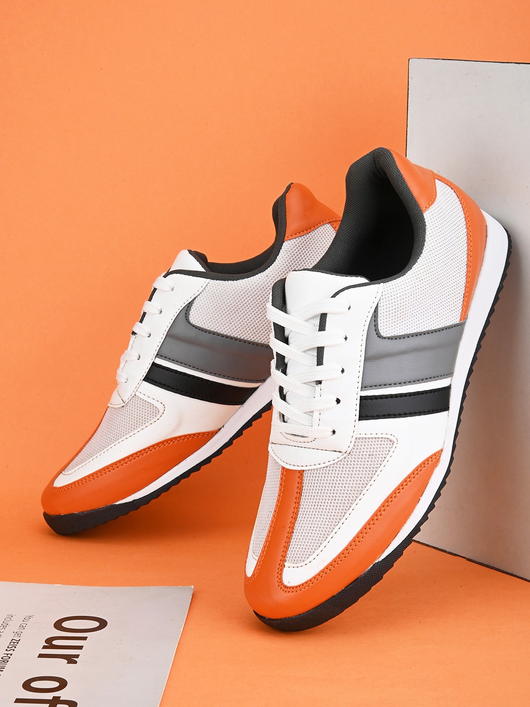 

Mast & Harbour Men White & Orange Colourblocked Comfort Insole Sneakers