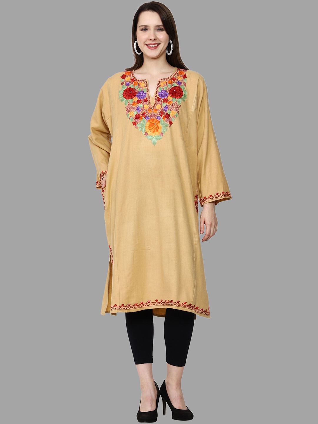 

CRAFTBAZAR Embroidered Long Sleeve Thread Work Woollen Kurta, Camel brown