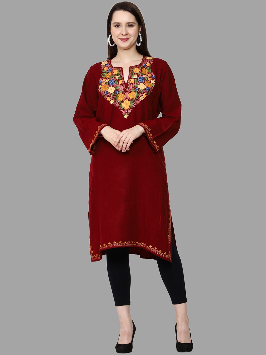 

CRAFTBAZAR Embroidered Long Sleeve Thread Work Woollen Kurta, Maroon