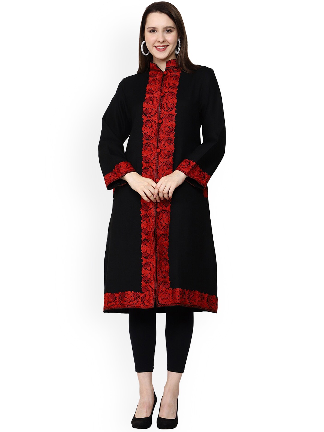 

CRAFTBAZAR Embroidered Mandarin Collar A-Line Long Sleeve Woollen Kurta, Black