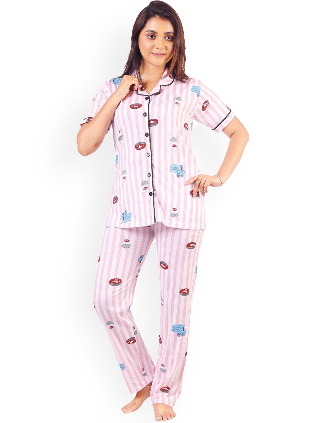 

BAESD Graphic Printed Pure Cotton Night Suit, Pink