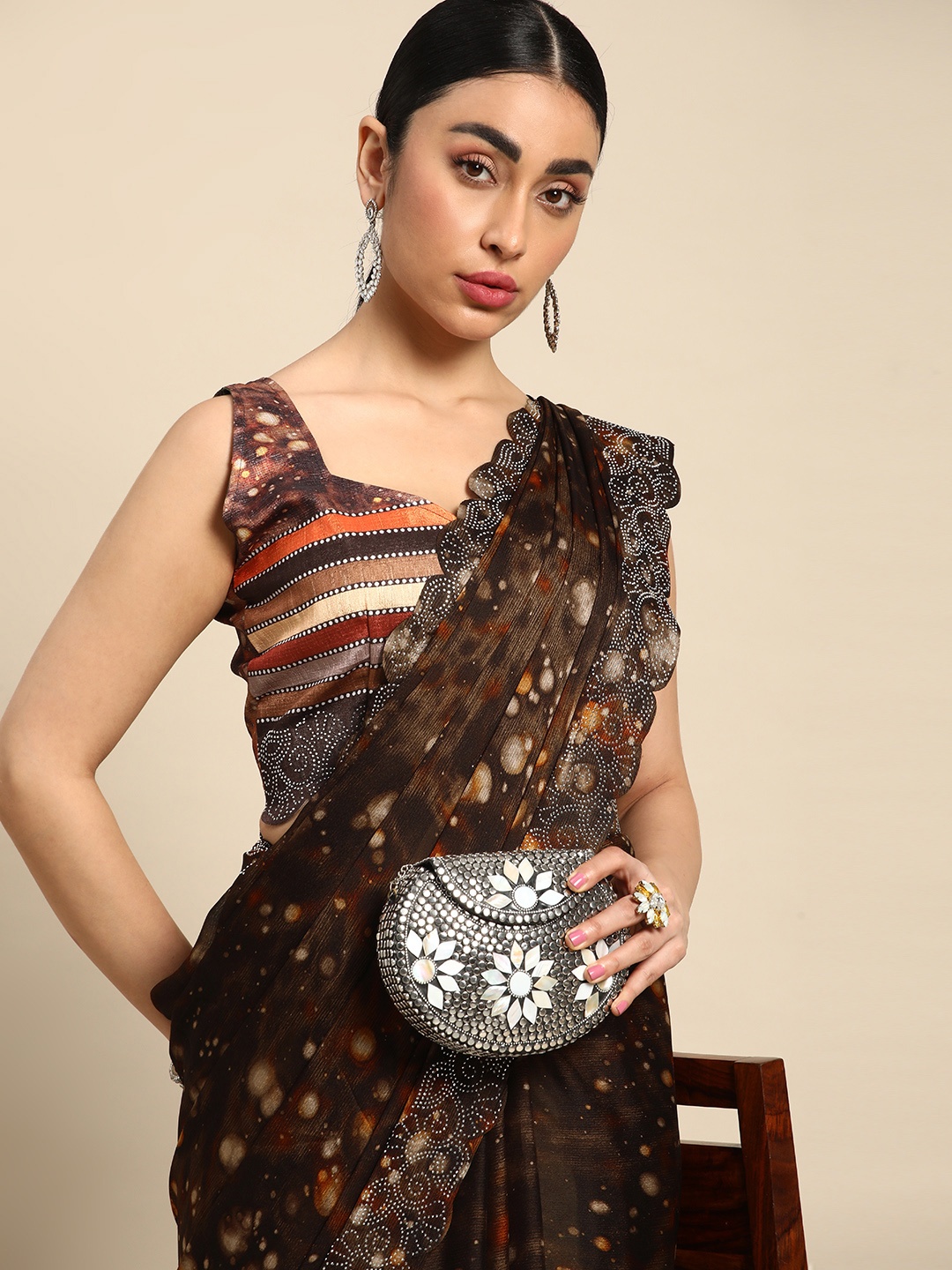 

Mitera Printed Stones-Studded Pure Chiffon Saree, Brown
