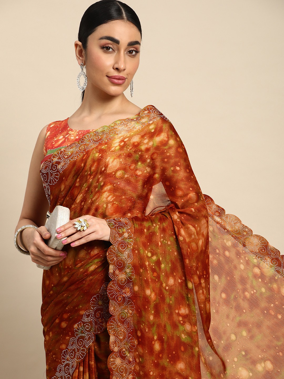

Mitera Printed Stones-Studded Pure Chiffon Saree, Orange