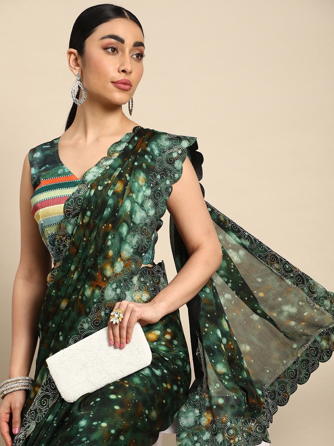 

Mitera Printed Stones-Studded Pure Chiffon Saree, Teal