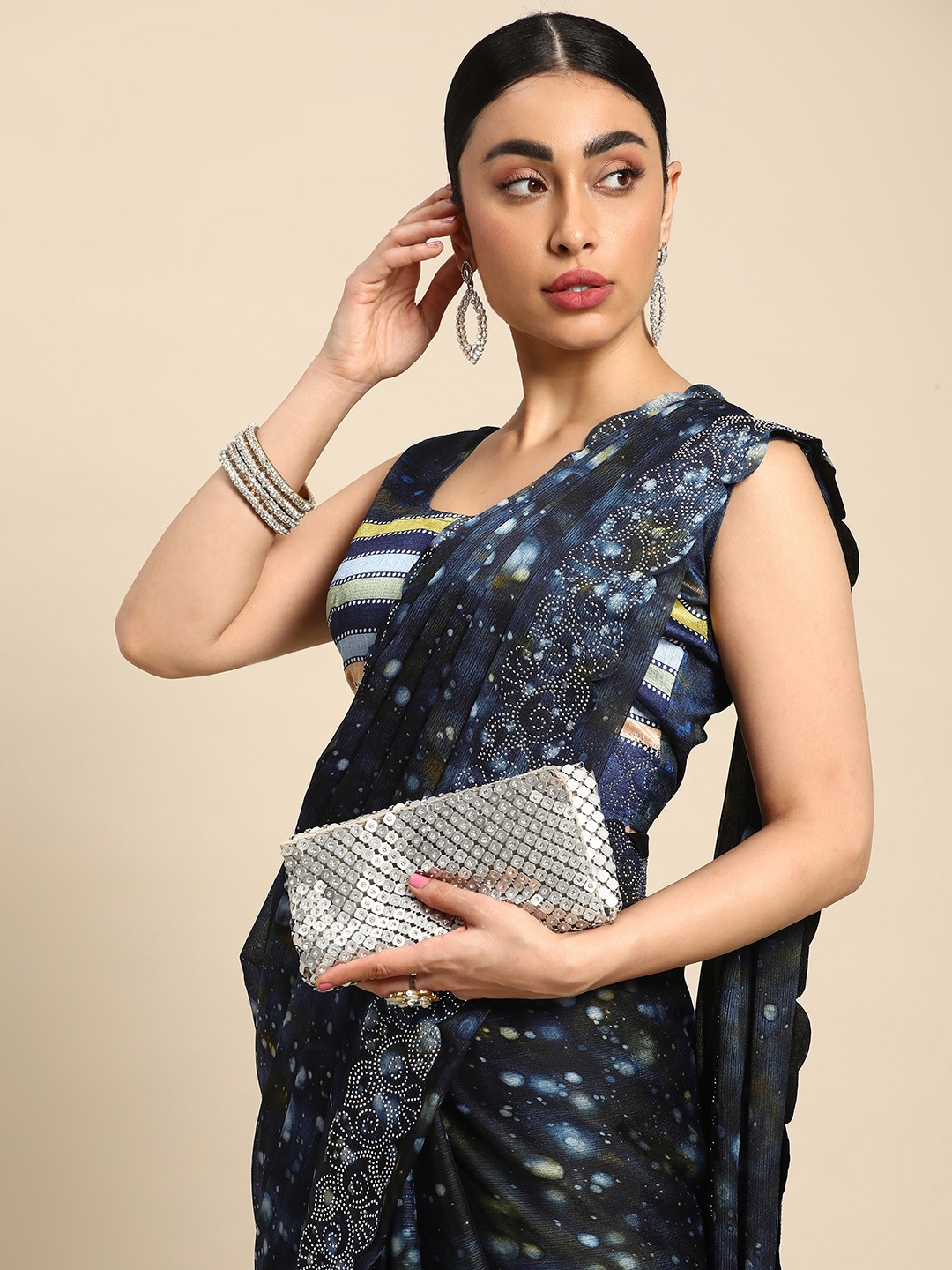 

Mitera Printed Stones-Studded Pure Chiffon Saree, Blue