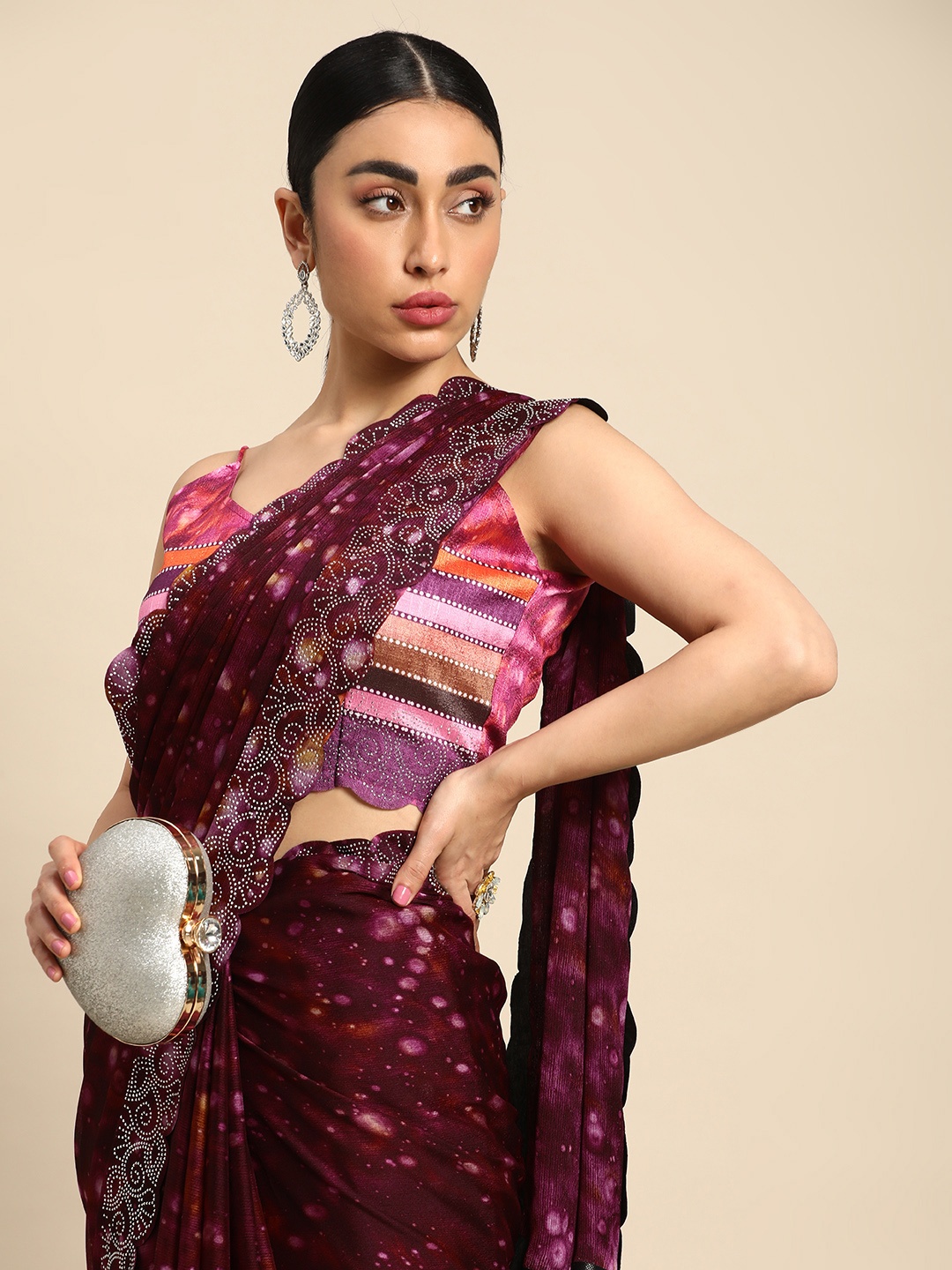 

Mitera Printed Stones-Studded Pure Chiffon Saree, Pink