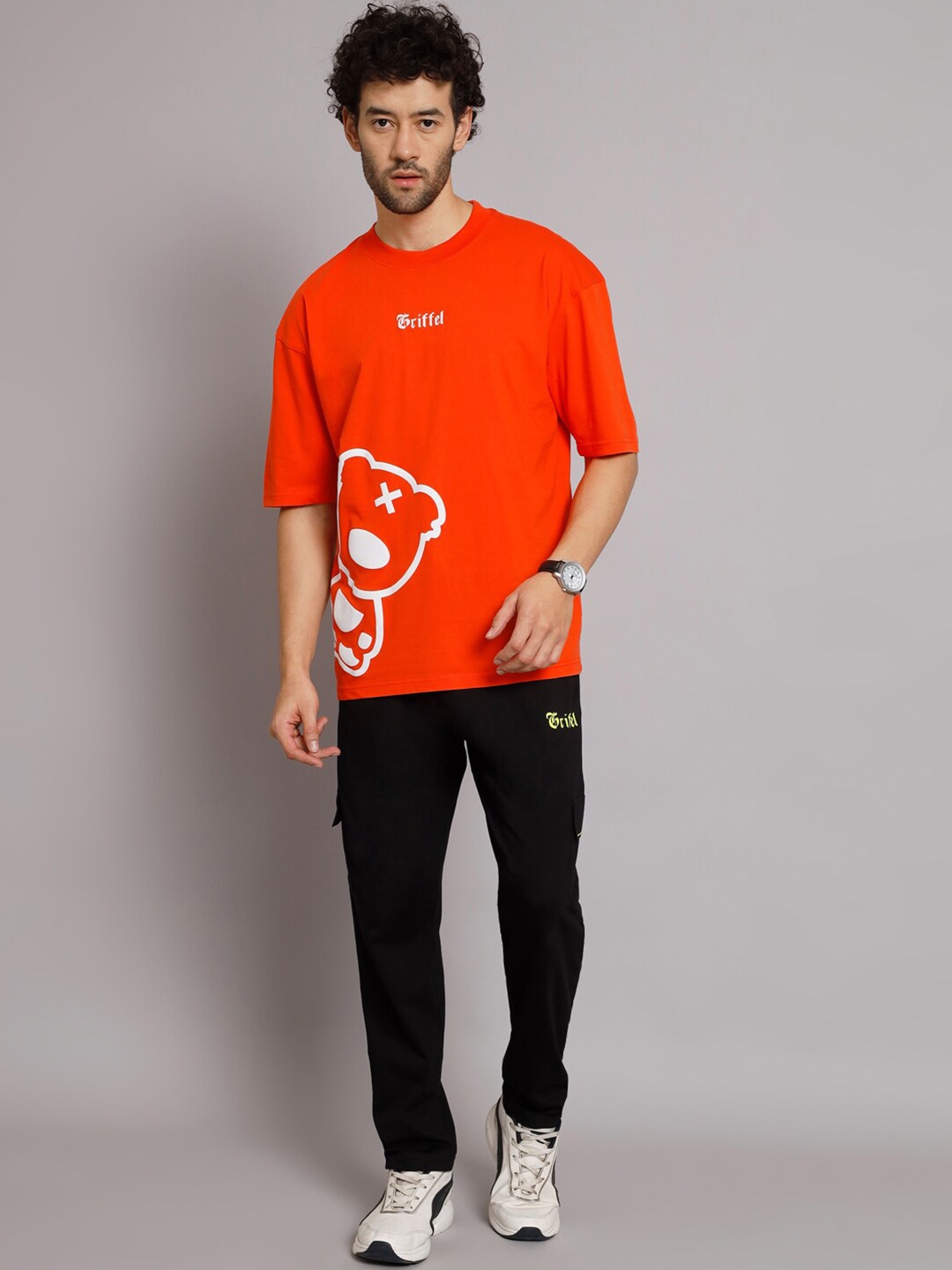 

GRIFFEL Printed Pure Cotton T-Shirt & Track Pants Co-Ords, Orange