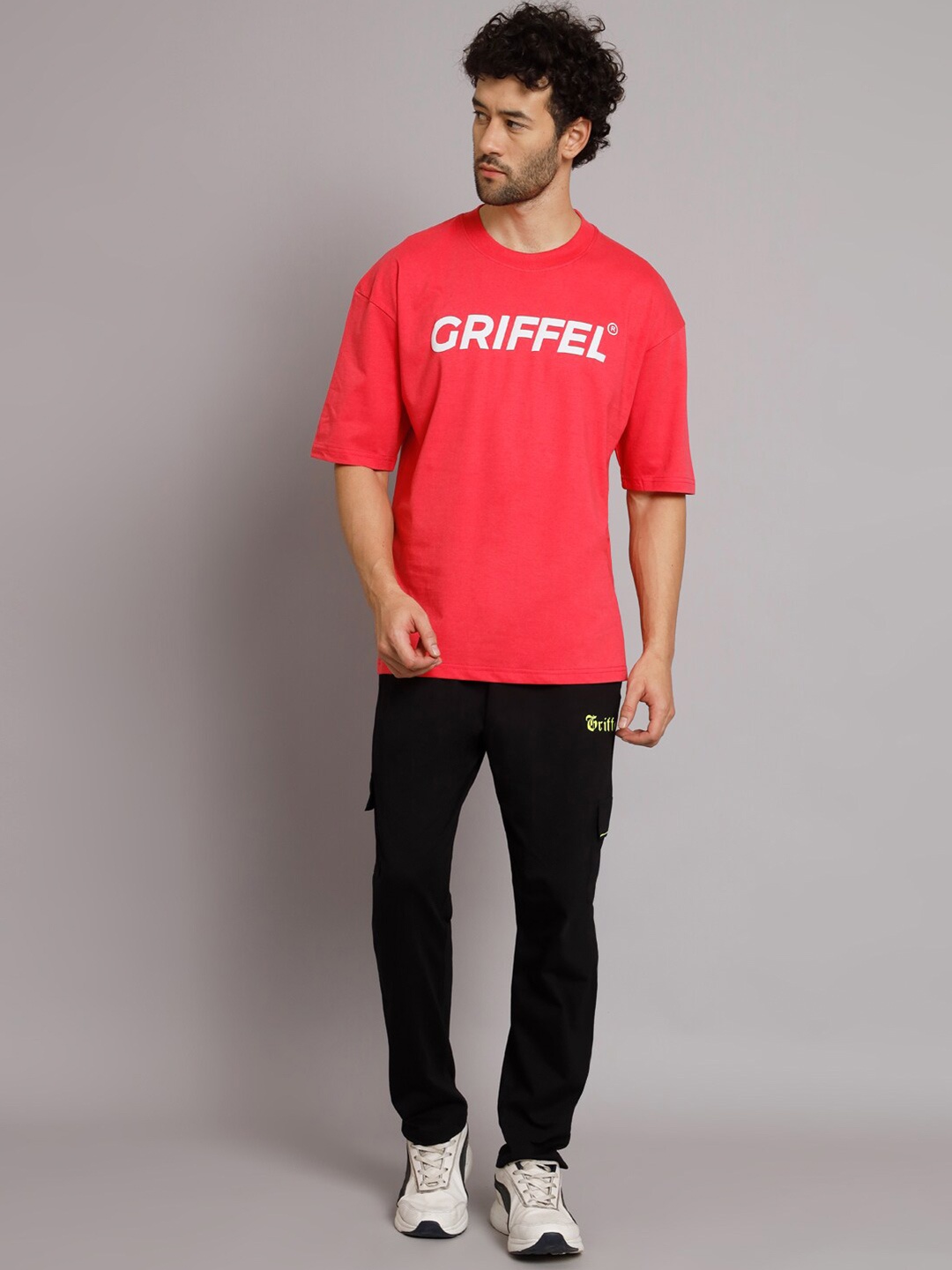 

GRIFFEL Printed Pure Cotton T-Shirt & Track Pants Co-Ords, Pink