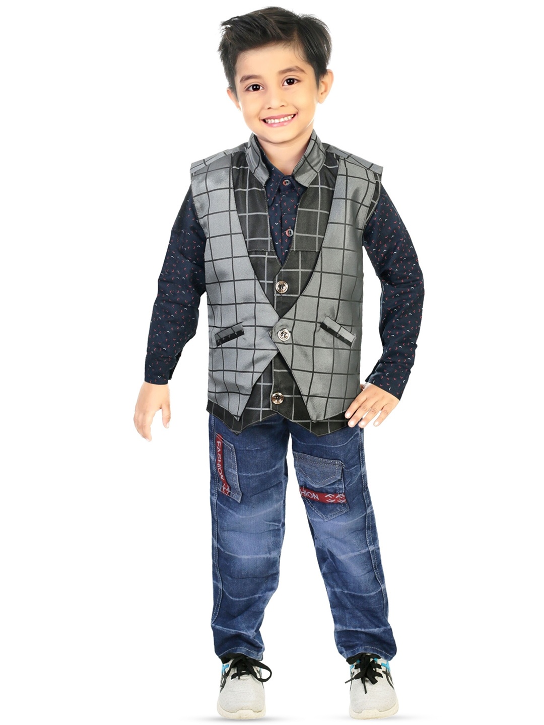 

BAESD Boys Printed Shirt & Trousers With Waist Coat, Navy blue